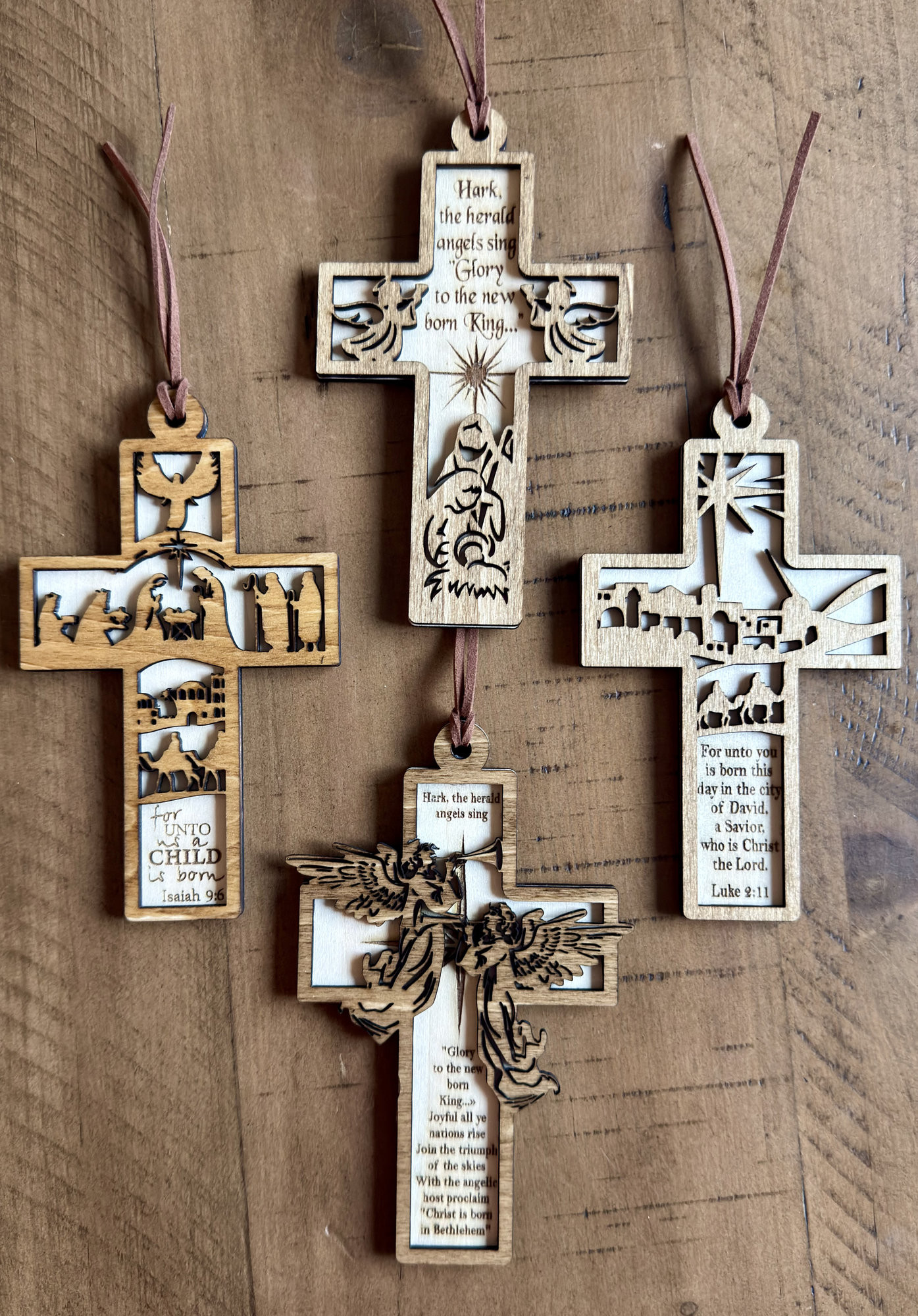 Wooden Nativity Cross Ornament | Full set of 4