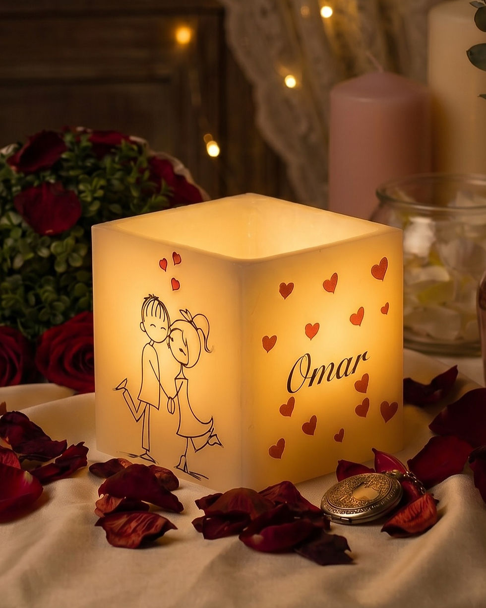 The Sweethearts personalized flameless LED candle medium size glowing at night