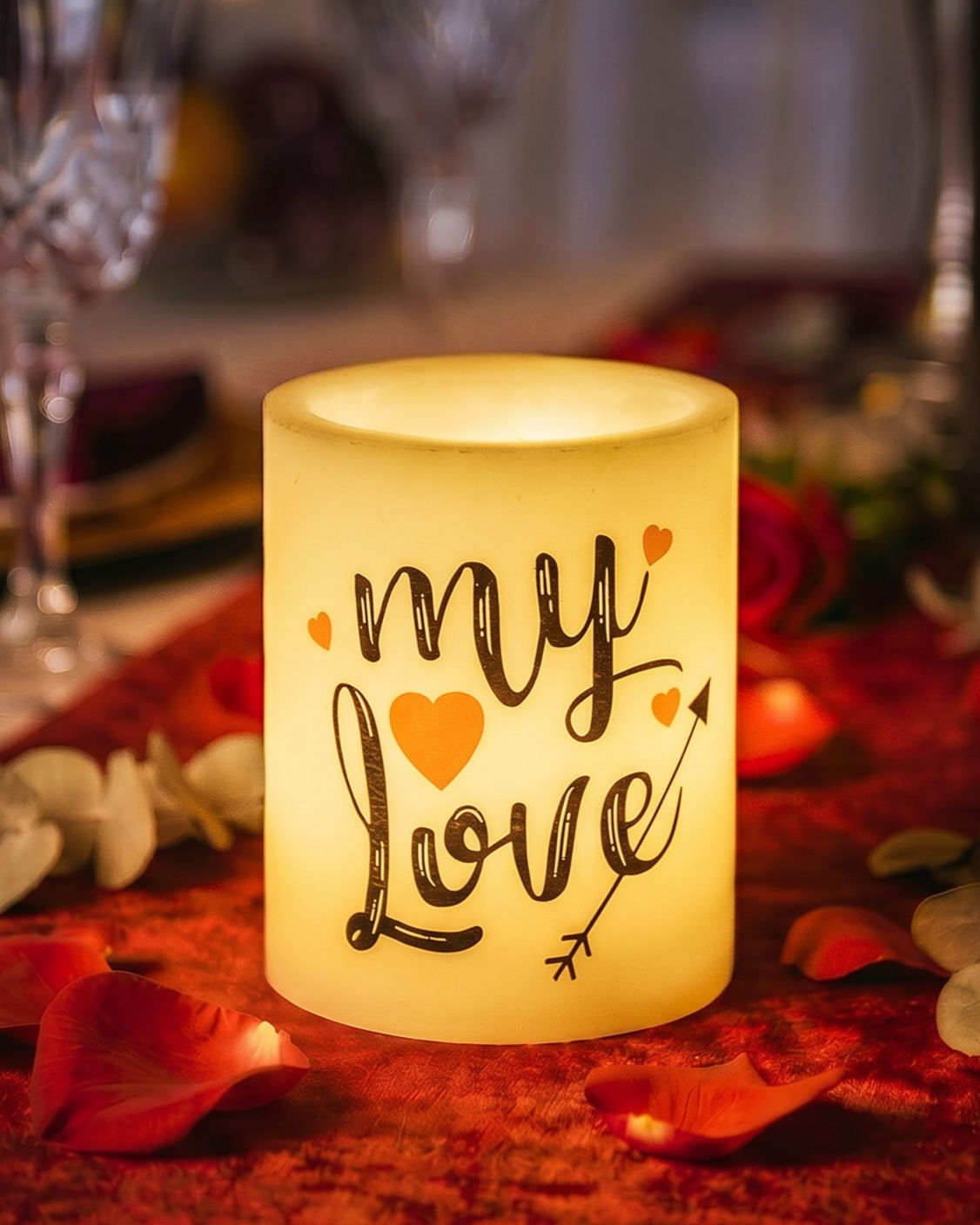 Cupid's Arrow personalized flameless LED candle small size glowing at night