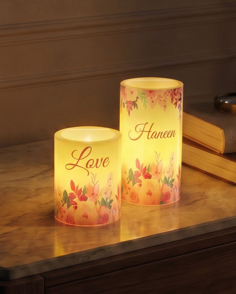 The Blossom personalized flameless LED candle set of 2 small and medium glowing at night