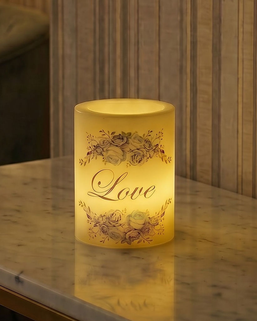The Wreath personalized flameless LED candle small size glowing at night