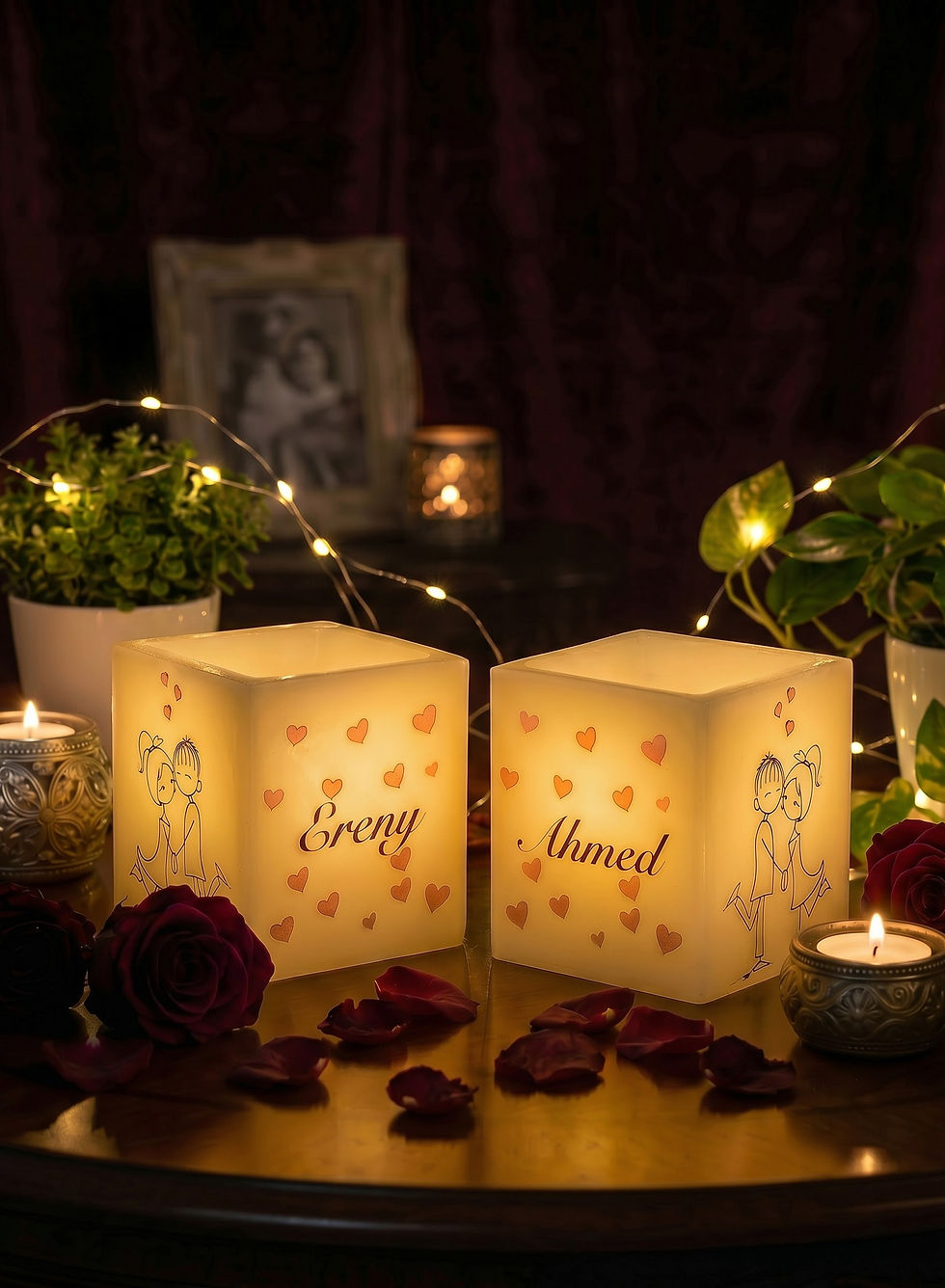 The Sweethearts personalized flameless LED candle medium size, couple set of two glowing at night