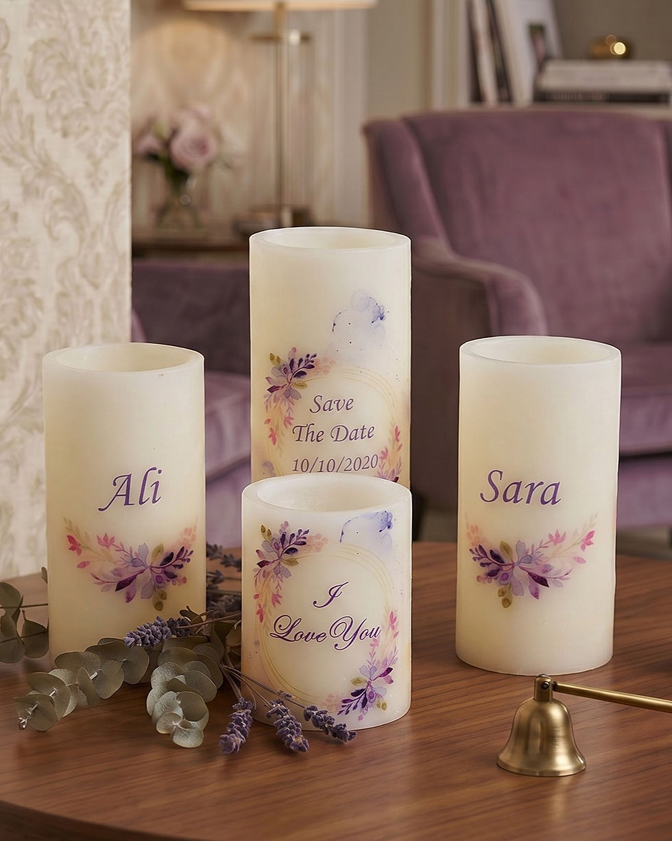The Lavender Bloom personalized flameless LED candle set of four, save the date with names and I love you in lavender waterco