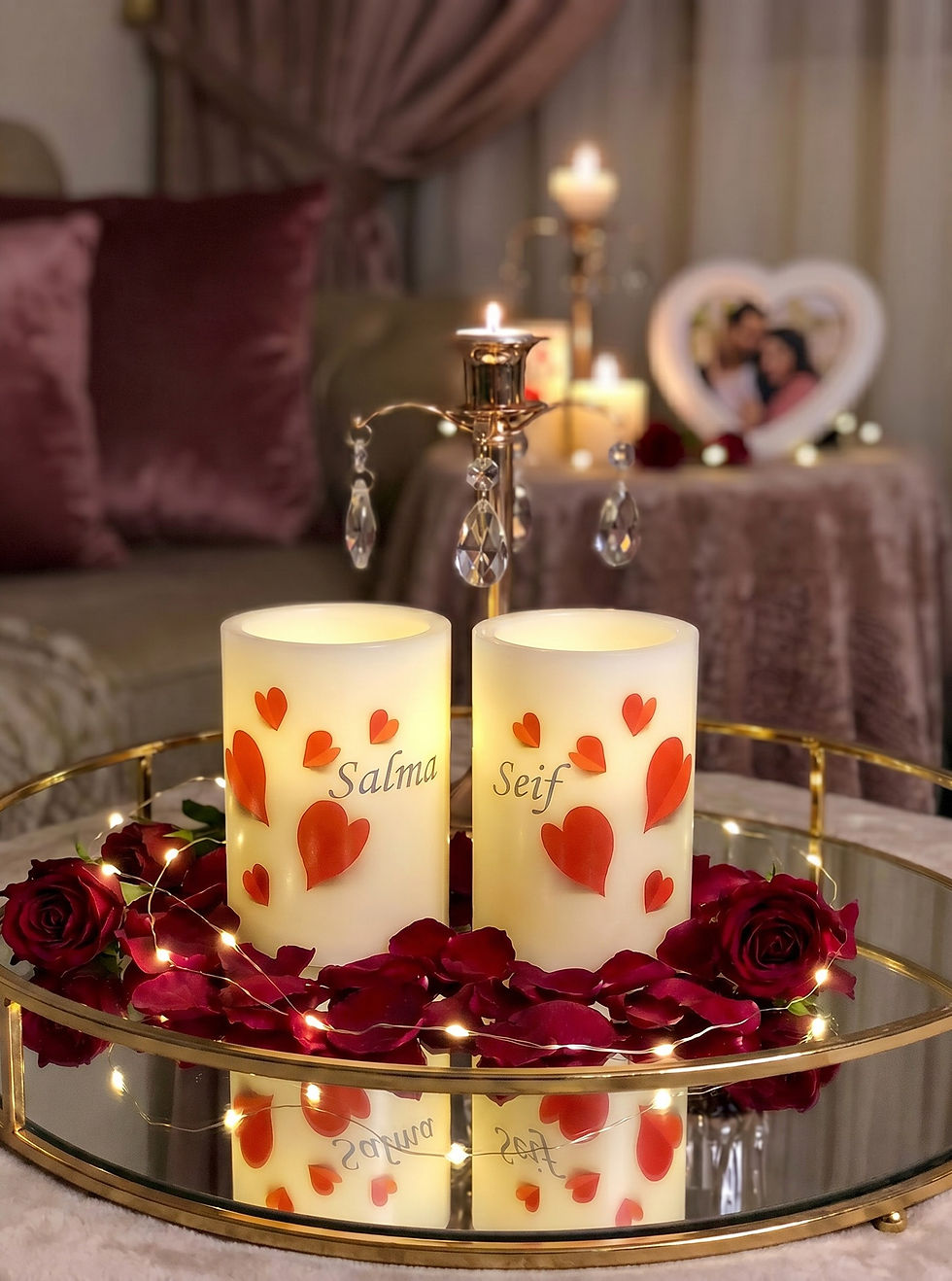 Thumbnail: Falling Hearts personalized flameless LED candle set of two, warm glow couple candles with red hearts