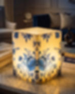 The Indigo Garden personalized flameless LED candle large size, indigo floral design glowing warm at night