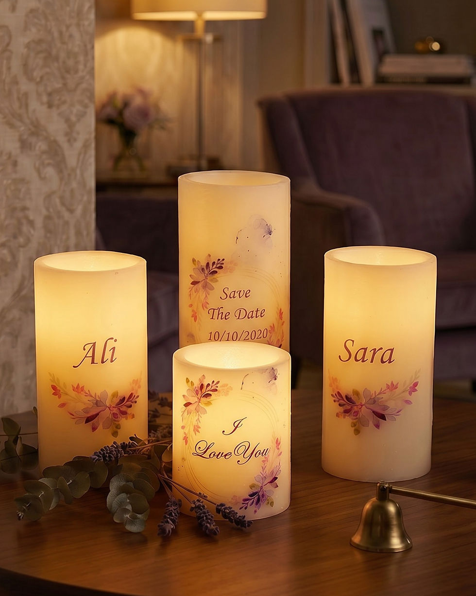 The Lavender Bloom personalized flameless LED candle set of four, mixed sizes round candles with purple watercolor florals gl