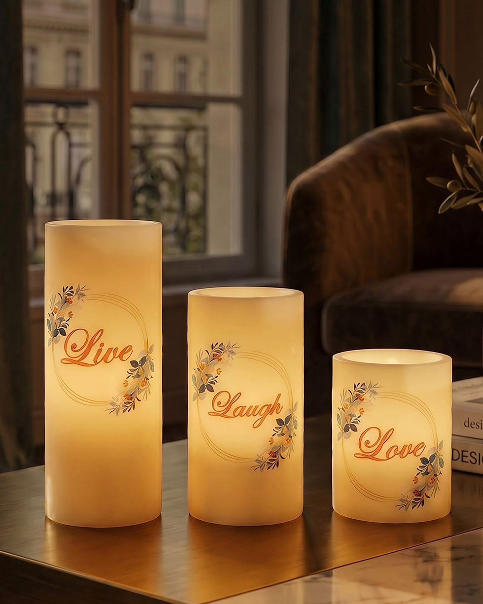 The Azure Wreath personalized flameless LED candle set of three, mixed sizes round candles with blue and peach floral wreath