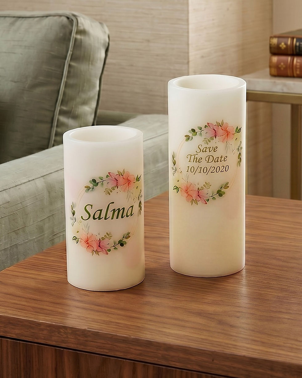 The Blush Wreath personalized flameless LED candle set of 2 medium and large, daylight