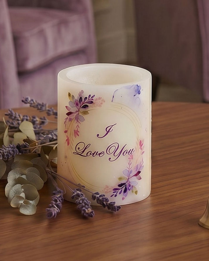 The Lavender Bloom personalized flameless LED candle small size, I love you in a lavender watercolor wreath