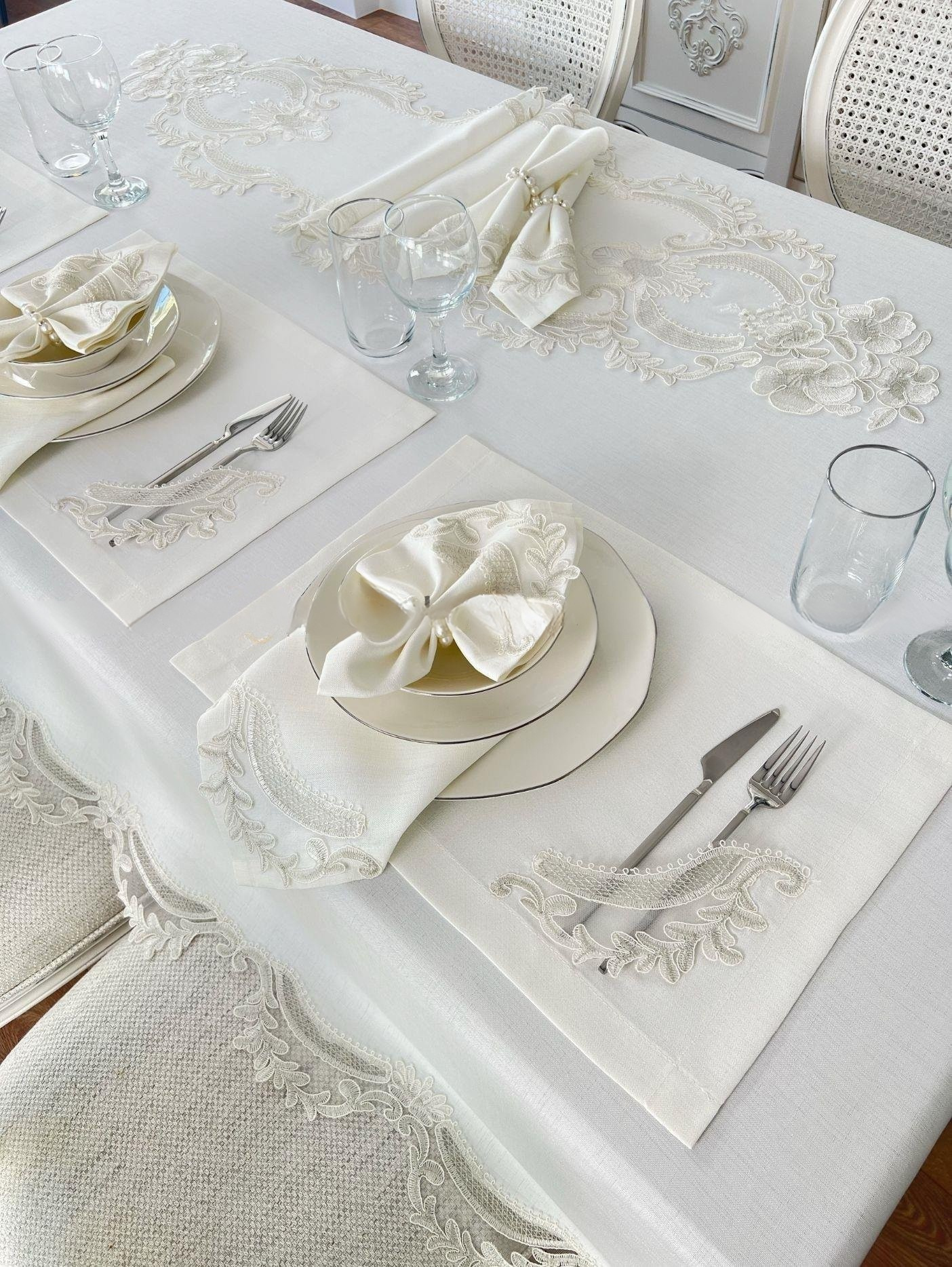 Zahira Model Luxury Tableware Set 38 Pieces Full Set - Gray Lace - Off-White Lin