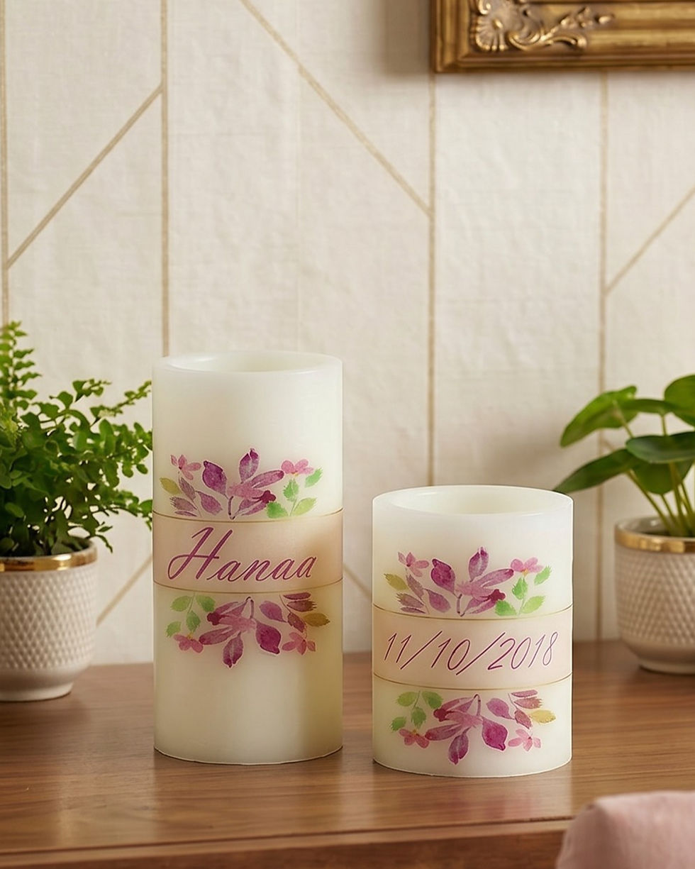 The Velvet Leaf personalized flameless LED candle set of 2 small and medium, daylight