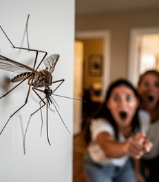 Γιγάντιο κουνούπι σε λευκό τοίχο, τρία άτομα στο φόντο δείχνουν με έκπληξη. Φωτεινό εσωτερικό δωμάτιο.