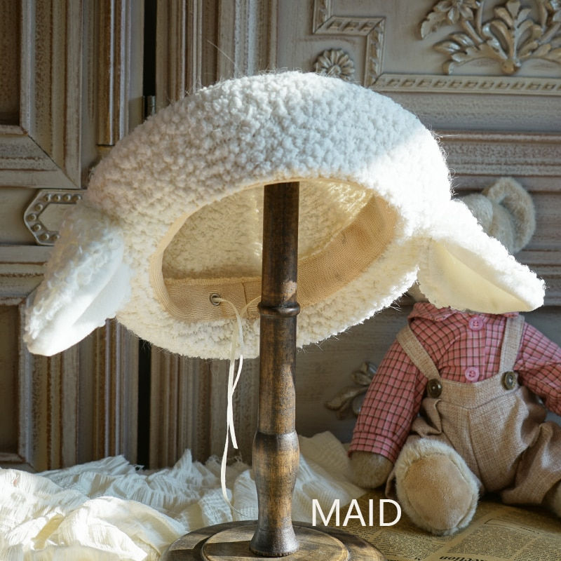 Thumbnail: Original design sheep ear plush beret lamb wool Lolita hand-made