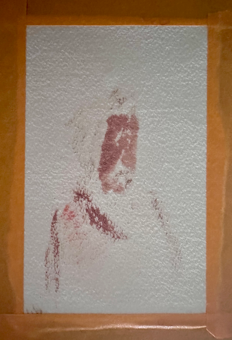 Thumbnail: Early stage: the faded 30-year-old figure sketch in dusty rose and brown, a torso and shoulder, taped down on white paper.