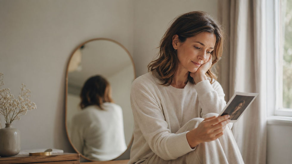 Une femme regarde une photo d'elle-même près d'une fenêtre...