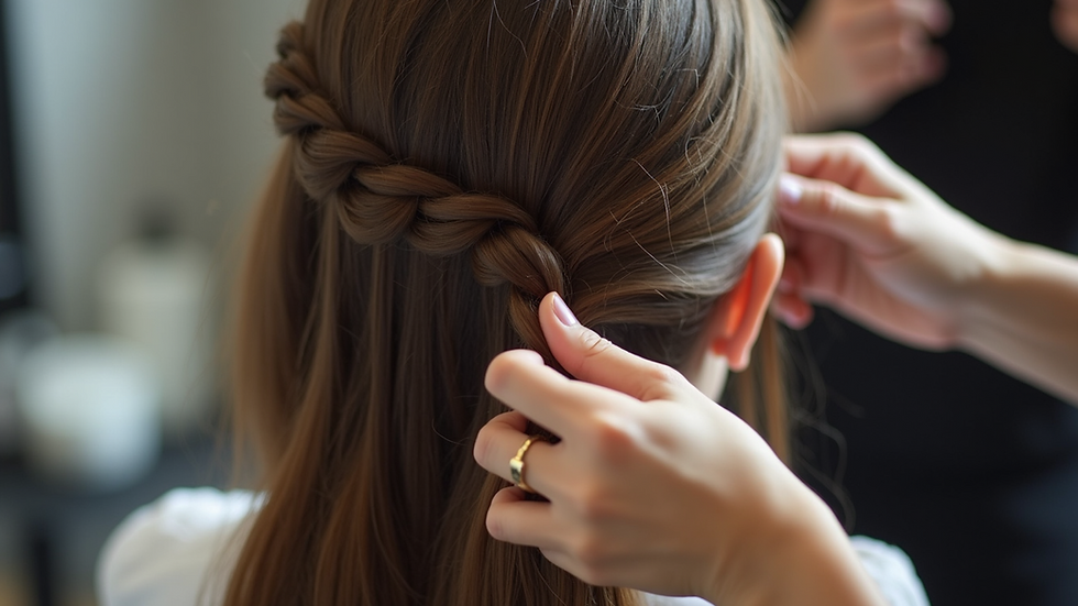 Close-up view of a stylist braiding hair with precision and care