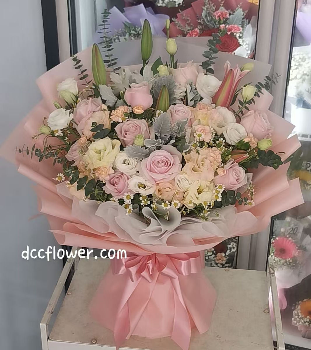 9 Pink Roses 2 Pink Lily Mix Flowers Bouquet
