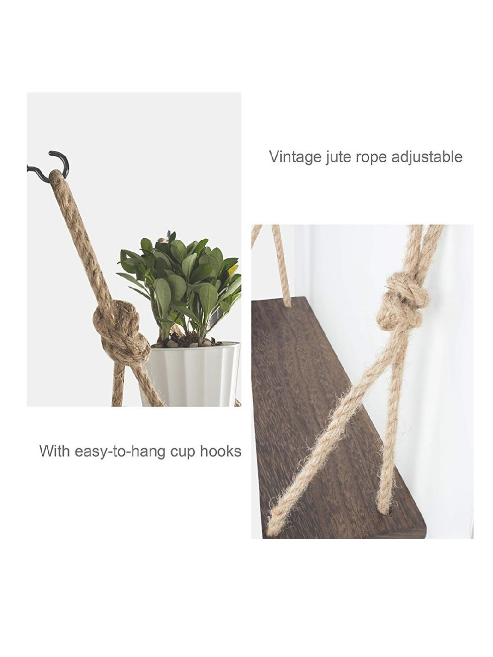 Thumbnail: Rope Hanging Floating Shelves, Rustic Wood Wall Decor with 4 Hooks, Pack of Two