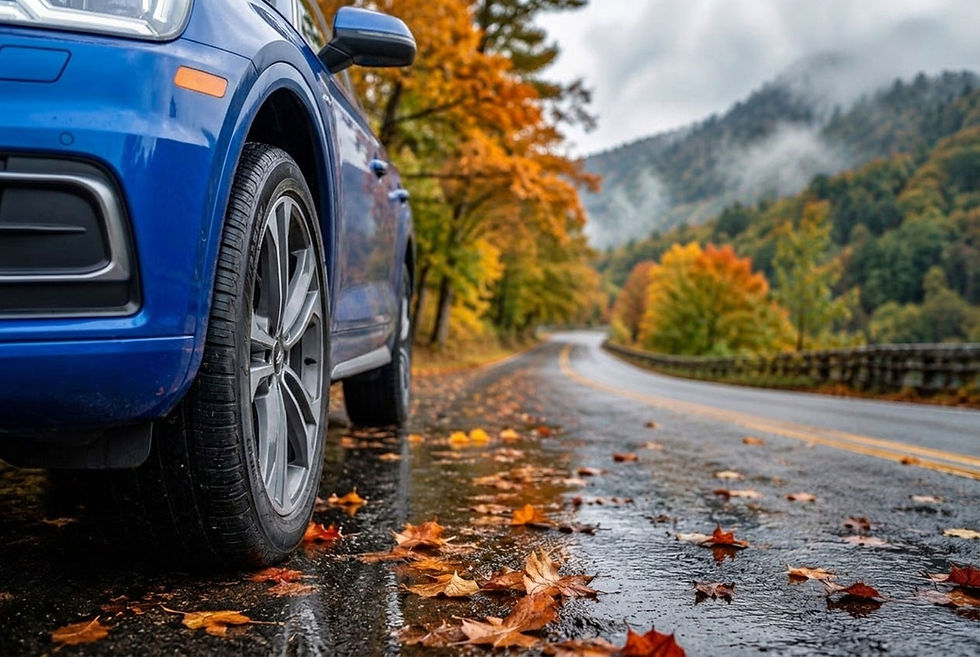 Car driving in Fall on Colorado mountain road.