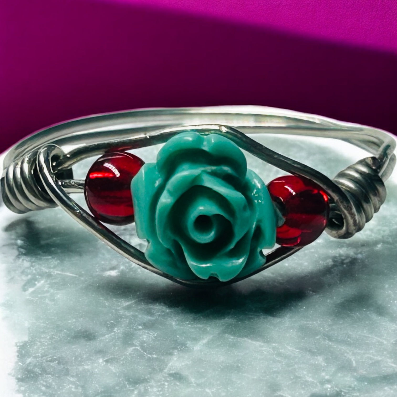 Turquoise Rose Bead wire ring