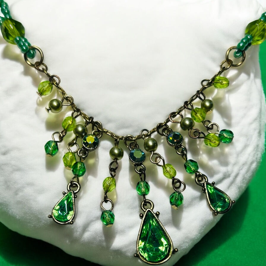 Thumbnail: Double Stranded Beaded Necklace with Drop Green Pendent  With Matching Earrings