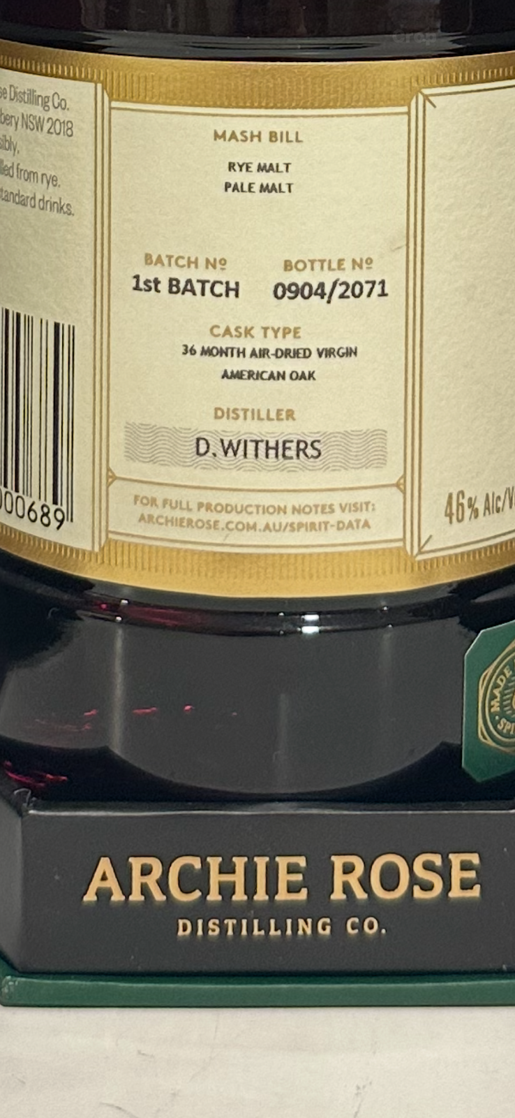 Thumbnail: Archie Rose “BATCH No 1st batch” Rye Malt Australian Whisky Limited Bottles 2071