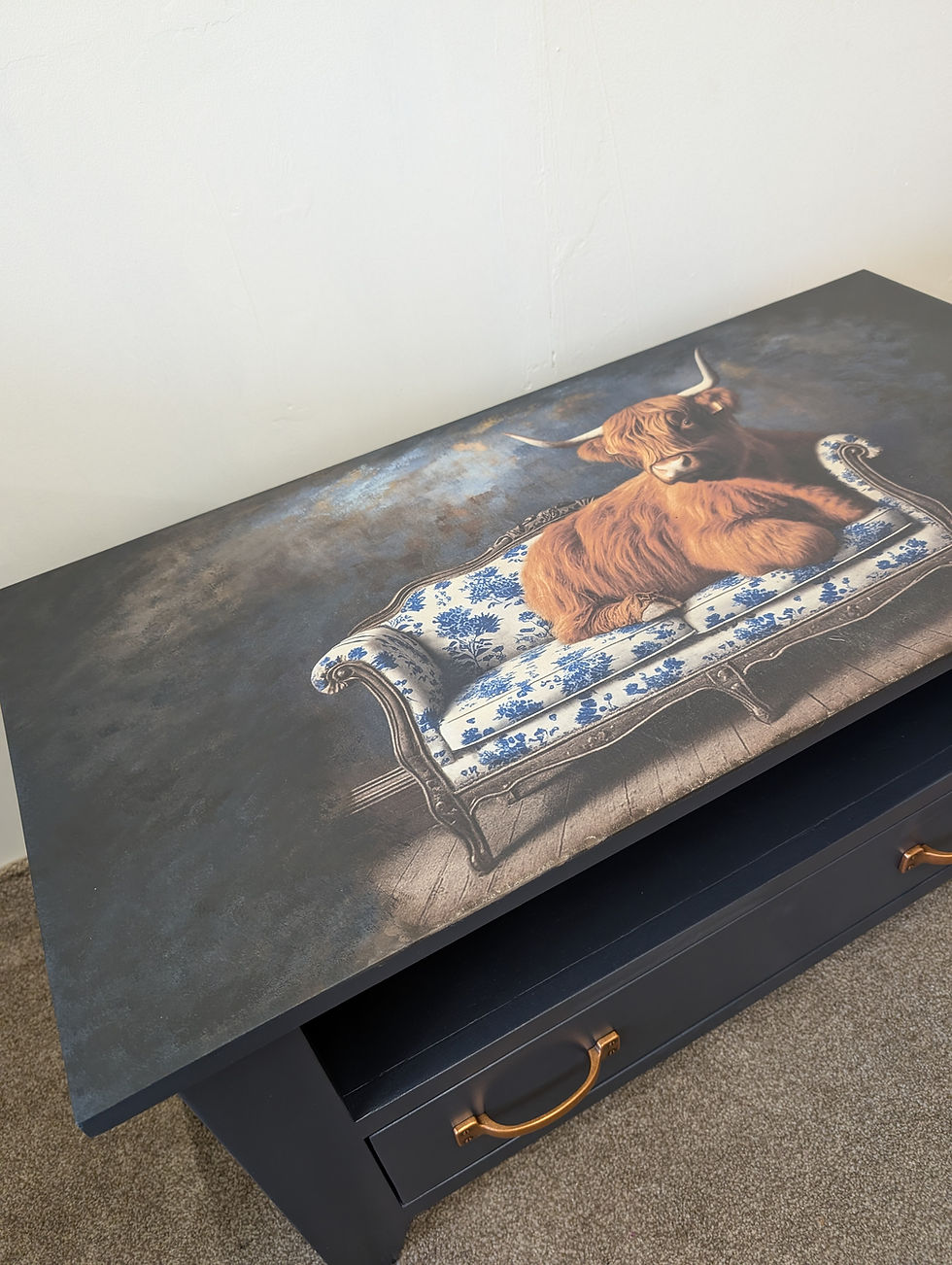 Thumbnail: Solid Oak Console Table or Media Unit Hand-Painted Deep Blue with Highland Cow