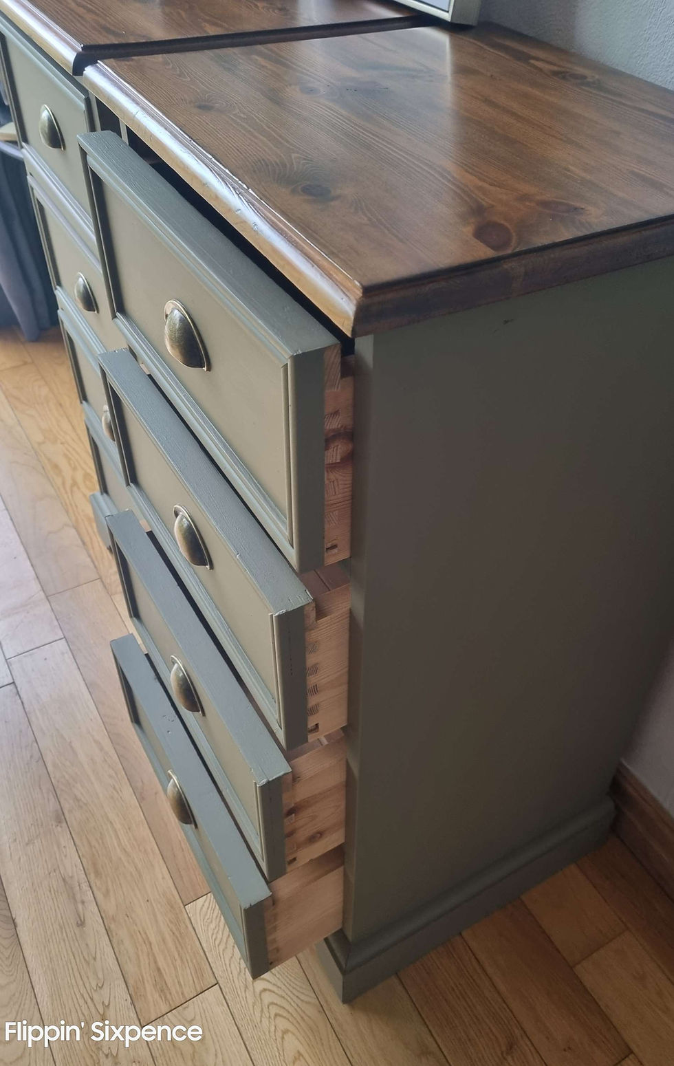 Thumbnail: Pair of Vintage Pine Bedside Drawers in a Classic Hampton Olive 