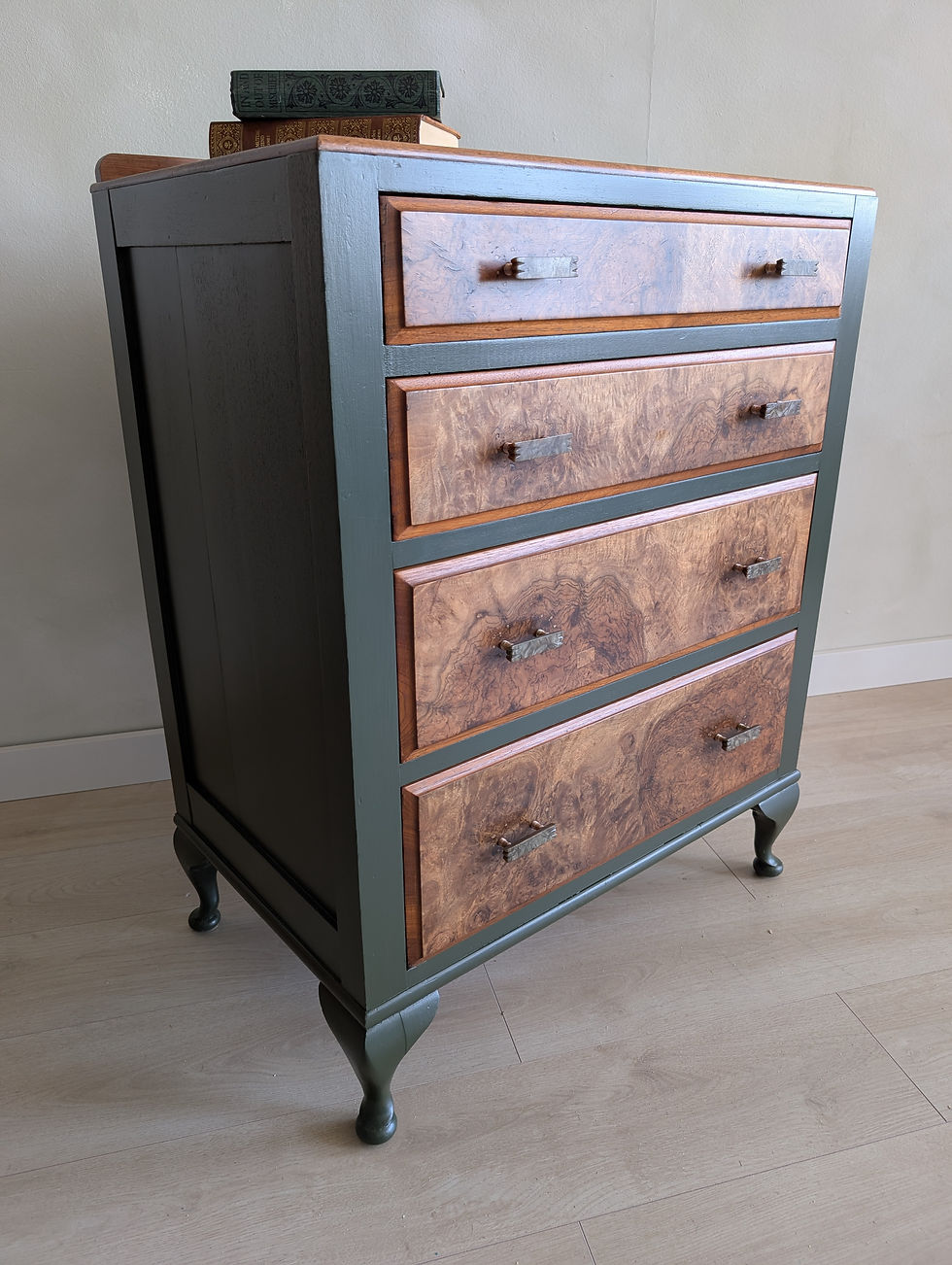 Thumbnail: Burr Walnut & Deep Green Chest of Drawers – A One-of-a-Kind Statement Piece