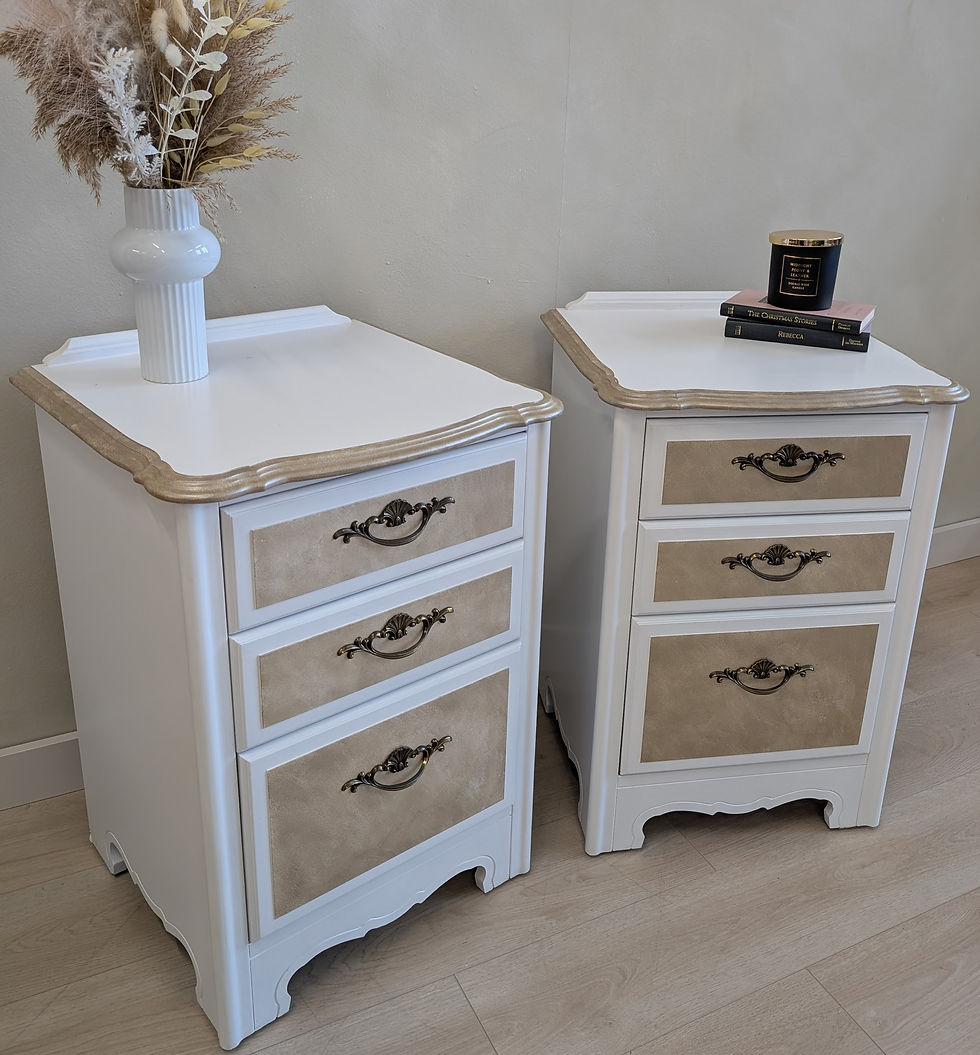 Thumbnail: Pair of Vintage Bedside Cabinets in White with Metallic Champagne Detailing