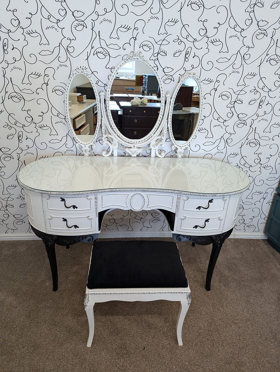 Thumbnail: Vintage French Olympus-Style Dressing Table with Triple Mirrors & Matching Stool