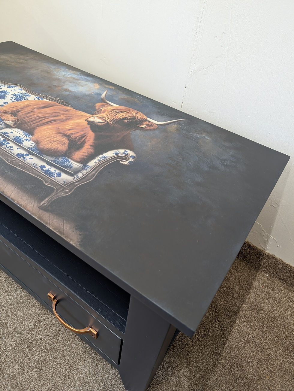 Thumbnail: Solid Oak Console Table or Media Unit Hand-Painted Deep Blue with Highland Cow