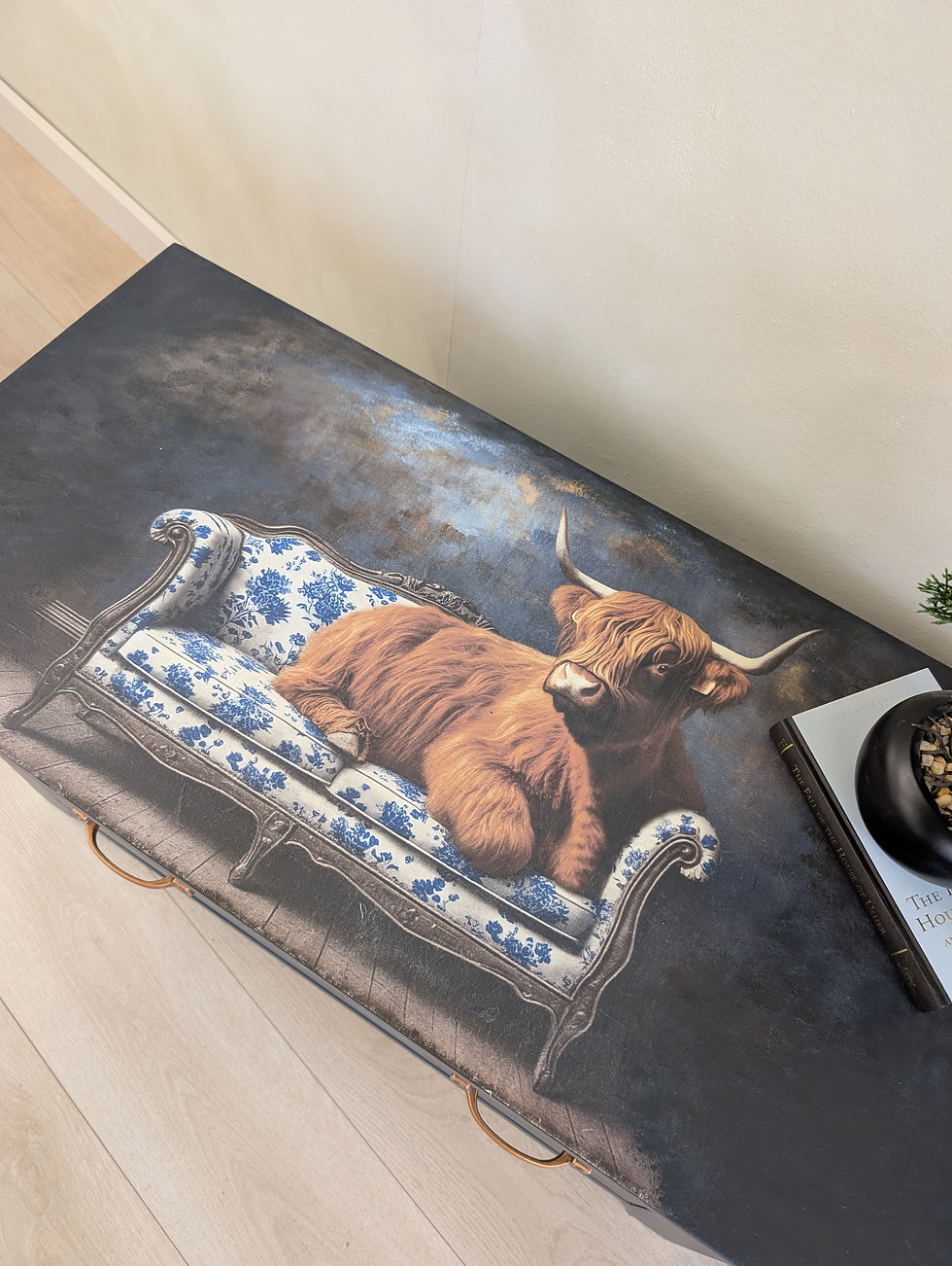 Thumbnail: Solid Oak TV / Media Unit Hand-Painted Deep Blue with Highland Cow