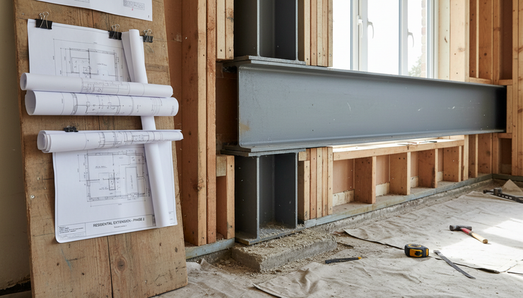 Close-up view of a steel beam opening in a home renovation with marked drawings nearby.