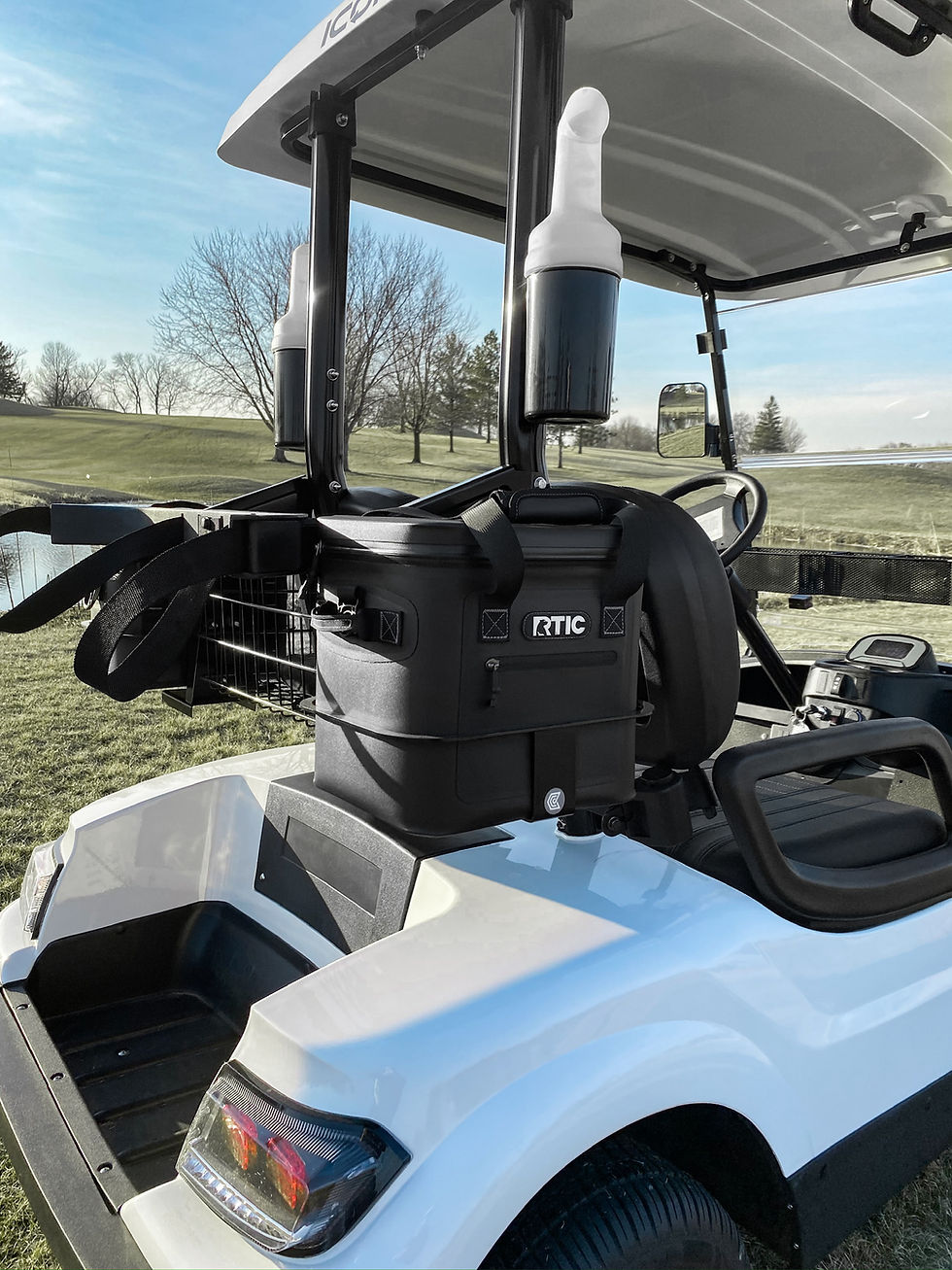Thumbnail: A Cooler Caddie mount installed on an Icon golf cart holding an Rtic cooler.