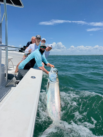 Angler releasing a tarpon boatside on an inshore fishing charter in Hudson, Florida