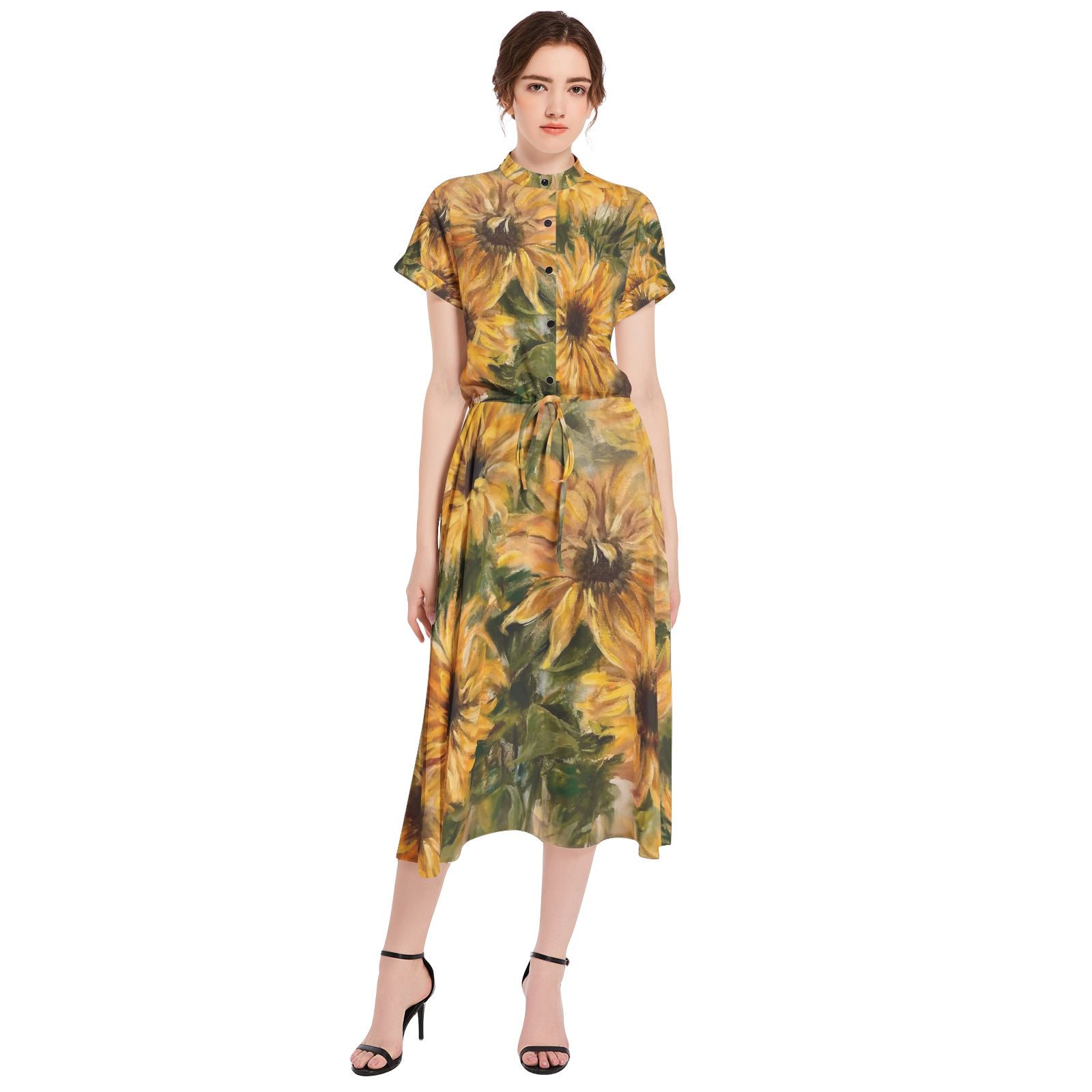 Sunflowers- Drawstring Waist A-line Flared Midi Dress