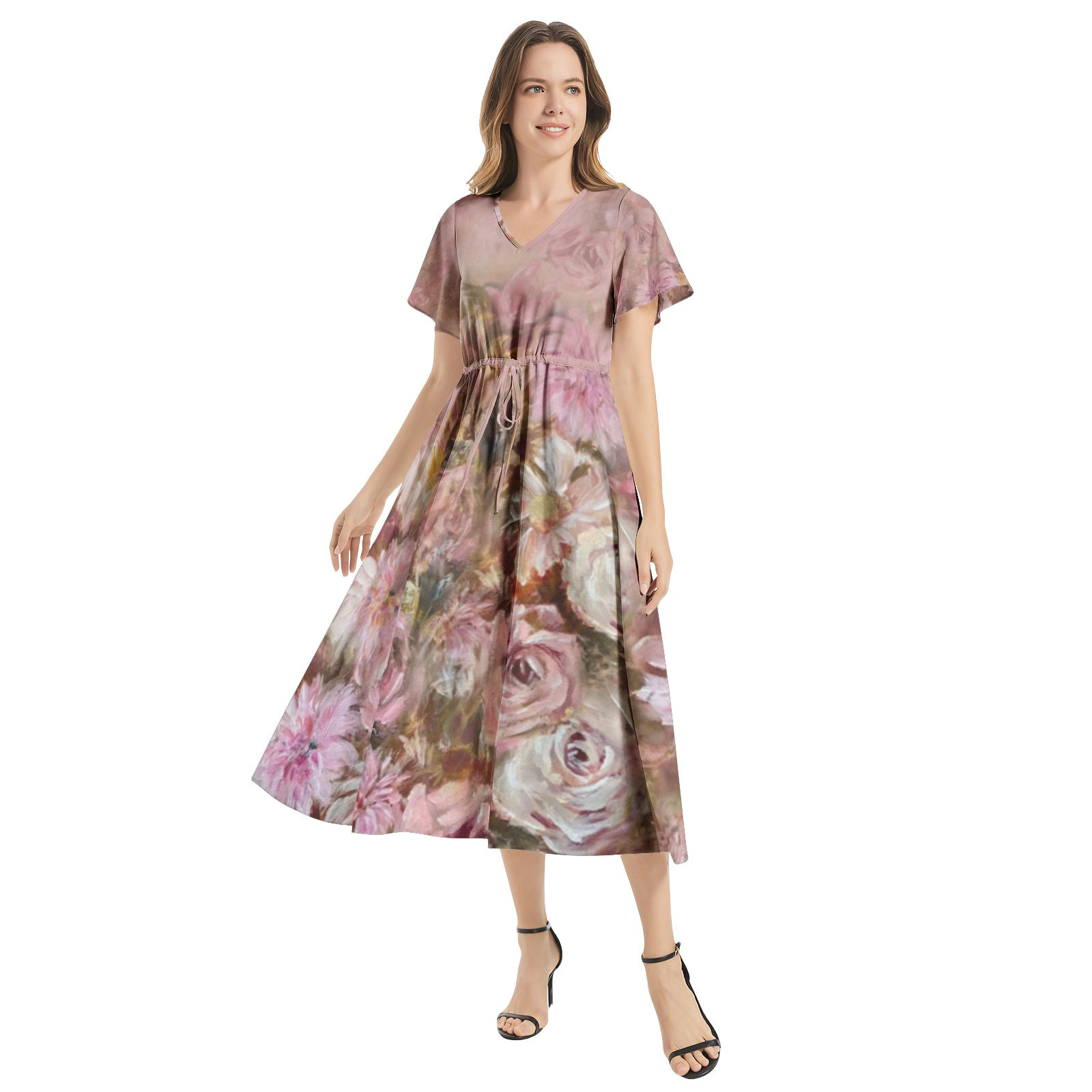 Girlfriend  - flutter  Sleeve Drawstring Waist Flared Dress