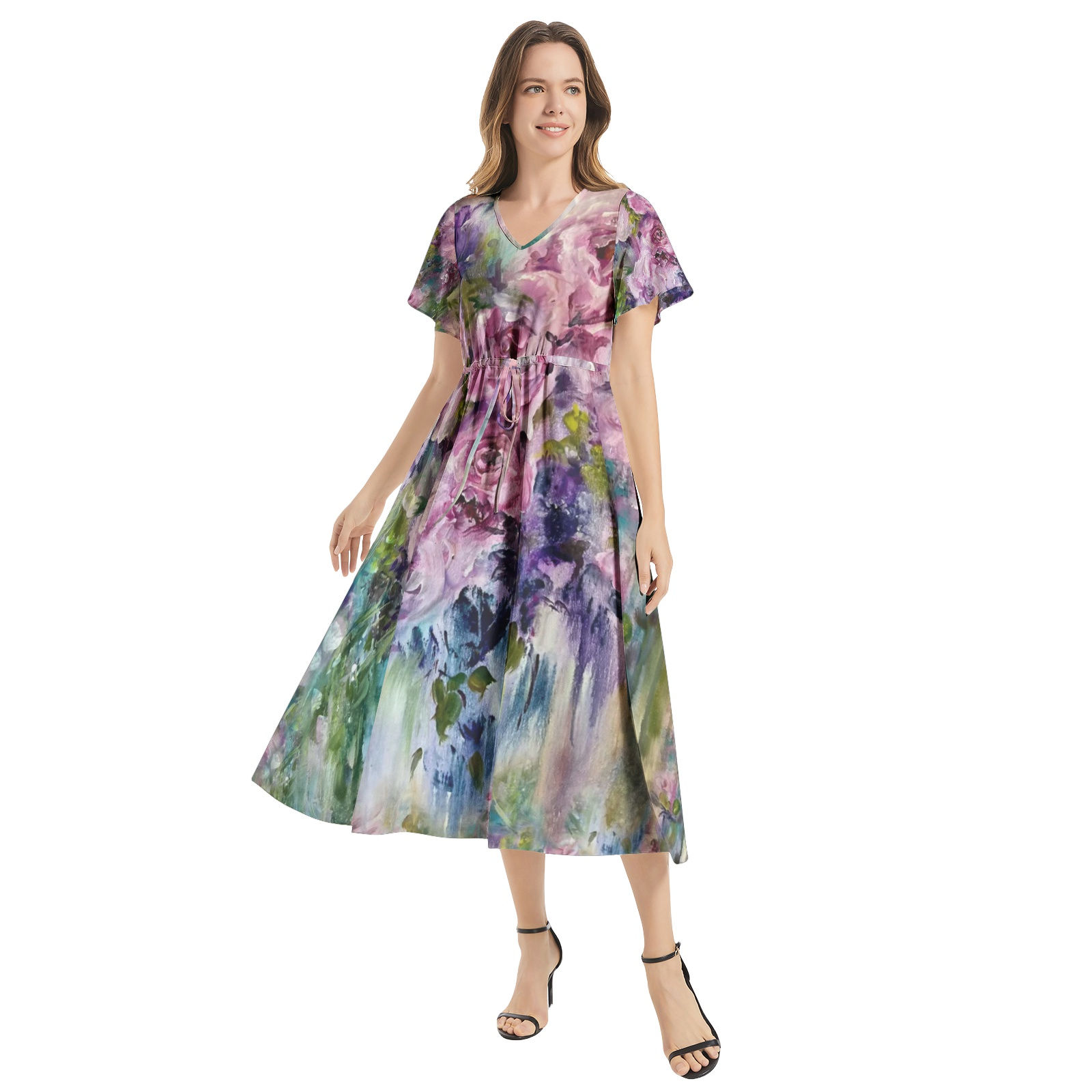 Flutter Sleeve Drawstring Waist Flared Dress