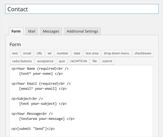 Contact form setup page showing fields for Name, Email, Subject, and Message. Tabs include Form, Mail, and Messages.