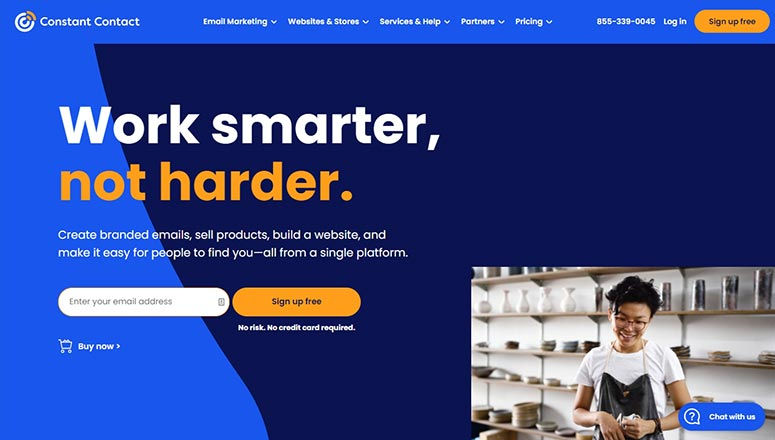 Website ad with "Work smarter, not harder" text on blue background. Smiling person in apron stands by shelves. Sign-up and chat options visible.