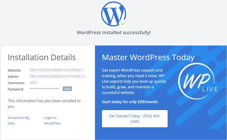 WordPress installation success screen with logo and details. Includes a promo for WP Live support at $29/month with contact info.