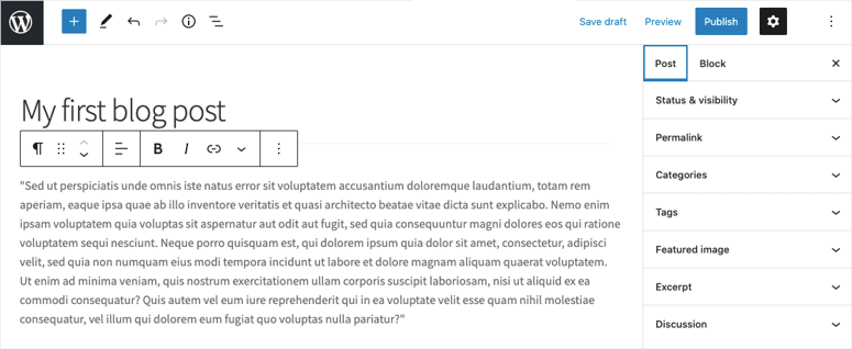 WordPress editor showing a draft titled "My first blog post" with placeholder text in the content area. Sidebar features post settings.