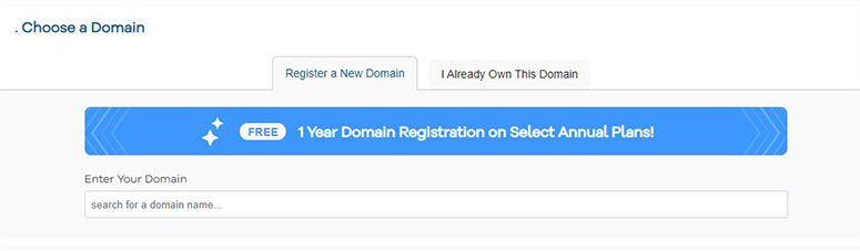 Domain registration webpage showing tabs for "Register a New Domain" and "I Already Own This Domain," with a blue banner for free 1-year registration.