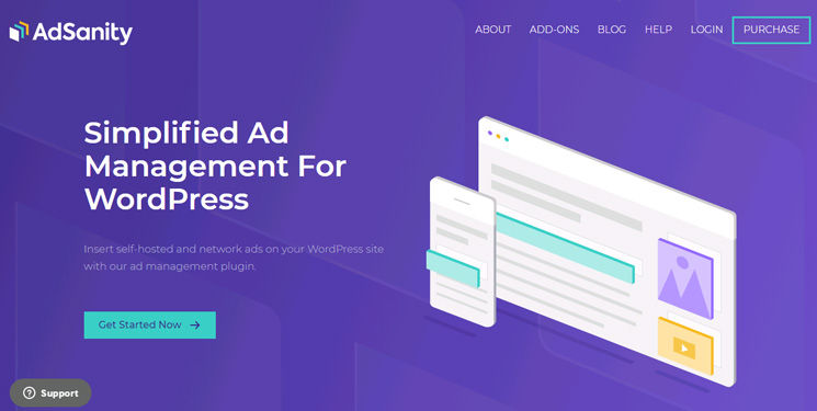 AdSanity webpage with a purple background features "Simplified Ad Management For WordPress" text and digital illustrations of screens.