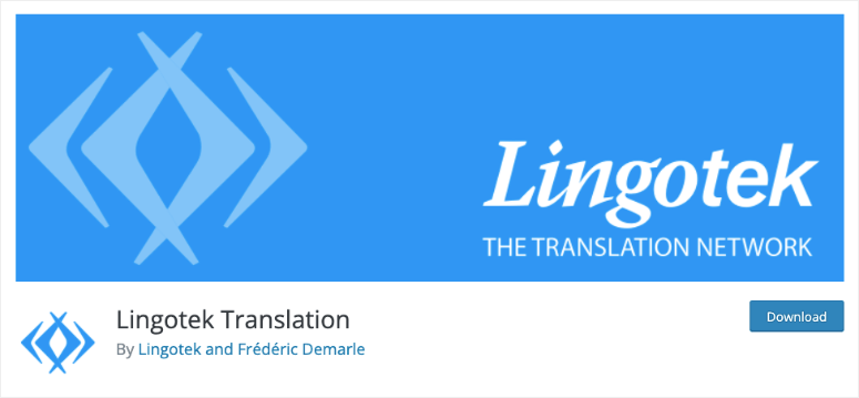 Blue banner with white text: "Lingotek: The Translation Network." Features logo on left. Button below says "Download." Mood is professional.