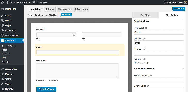 WordPress dashboard displaying a contact form editor for "Contact Form (#22222)". Sections for name, email, and message with a "Submit Query" button.