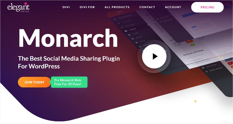 Monarch plugin ad with a purple gradient background. Text: "The Best Social Media Sharing Plugin For WordPress." Buttons say "Join Today" and "Try Monarch Risk Free For 30 Days!"
