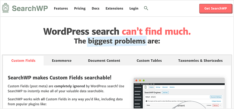 SearchWP page screenshot with a message: WordPress "can't find much." Tabs include Custom Fields and others. Features SearchWP plugin info.