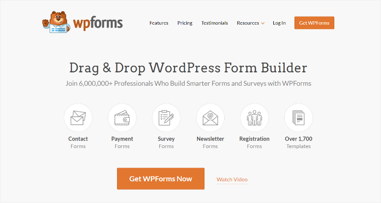 WPForms interface featuring the logo, menu options, and "Get WPForms Now" button, highlighting form types and 1,700+ templates.